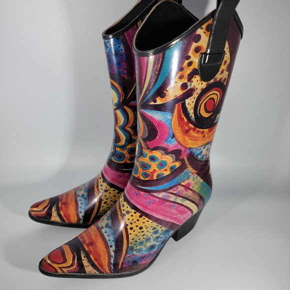 puddles Shoes - Puddles Rain Boots Madeline Abstract Print Western Cowgirl Spring Womens Size 5